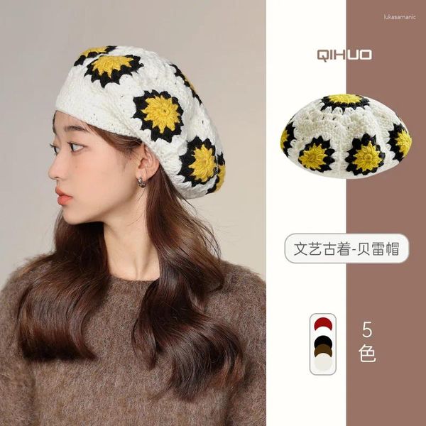 Berets coreano artesanal crochê flor de malha boina feminina outono e inverno retro doce quente oco menina pintor chapéu boina casquette