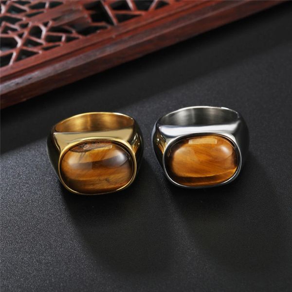 Ouro/prata cor retro tigre olho marrom pedras anéis para homens feminino clássico elegante simples 14k ouro pedra anel jóias presente