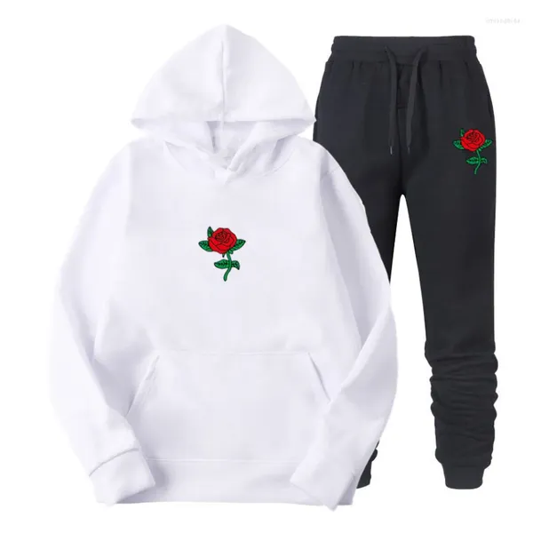 Tracksuits dos homens 2023 homens hoodies terno rosa flor tracksuit moletom velo com capuz calças de suor jogging homme pulôver 3xl conjunto esportivo