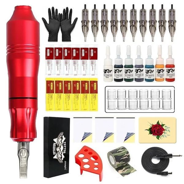 Kit de máquina de tatuagem profissional completo DC Jack Rotary Machine Pen com 10pcs cartucho de agulha 7pc tinta para tatuagem iniciante conjuntos 231229