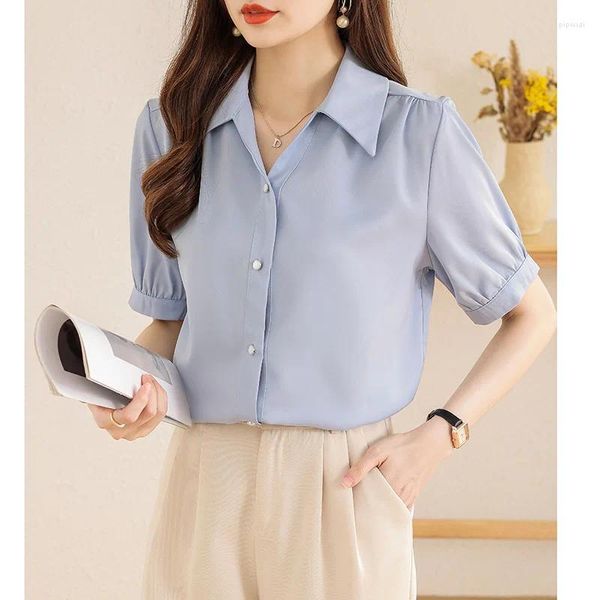 Женские блузки, французская однотонная шифоновая блузка, офисная женская рубашка на лето 2023, модные однобортные топы с короткими рукавами и воротником-стойкой