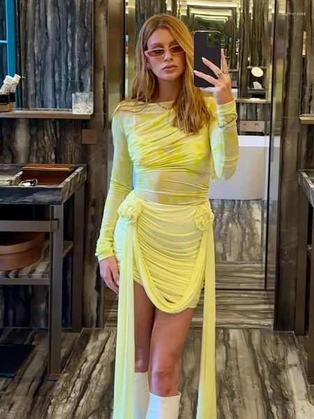 Abiti casual Abito corto giallo sexy da donna Moda tinta unita manica lunga girocollo mini aderente autunno festa streetwear outfit