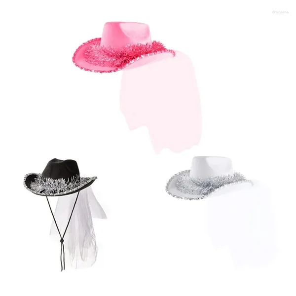 Boinas chapéu de cowboy nupcial com véu festa de despedida de solteira cowgirl gota de casamento