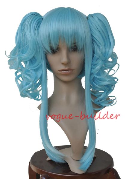 Perucas Detalhes sobre Resistente ao Calor 2 CURLY SKY BLUE PONYTAILS CURTO COSPLAY PERUCA VOCALOID CODA ANYA