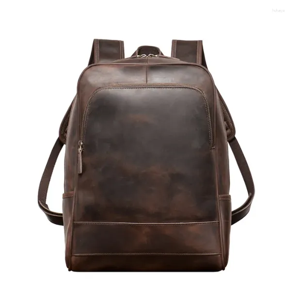 Sırt çantası erkek inek deri sırt çantaları çılgın at gerçek vintage 15.6 inç dizüstü bilgisayar gün çantası cep gündelik sırt çantası erkek el yapımı tote