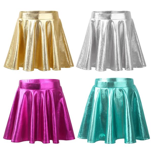 Saias Meninas das Crianças Suave Metal Brilhante Rugas A-Line Mini Kick Scooter Skort Dança Esportes Brilhante Alto Cinto Elástico Kick Scooter 231229