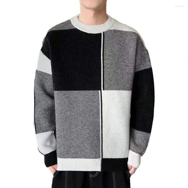 Мужские свитера, вязаный свитер с геометрическим принтом и цветными блоками, толстый теплый пуловер с круглым вырезом на осень-зиму, мягкий длинный рукав