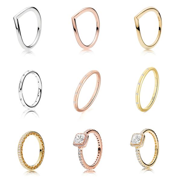 Pandora-Ring-Charms mit authentischer Passform, Roségold, Herz, runder Kristall, quadratischer Cz-Finger