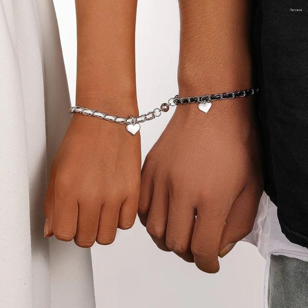Link pulseiras casal estilo corda de couro conjunto pulseira magnética coração pingente cinta renda elegante e versátil na moda mão jóias