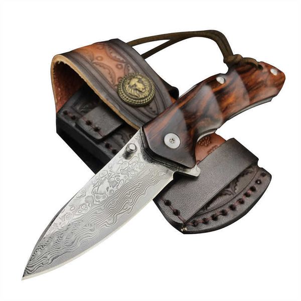 Outdoor-Taschenmesser mit Griff aus rotem Sandelholz, zusammenklappbare Damaskus-Stahlklinge, Camping-EDC-Messer mit Scheide