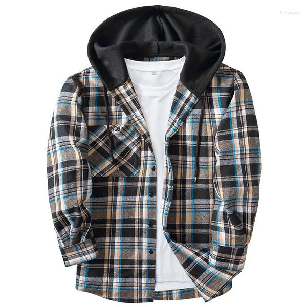 Herren lässige Hemden Frühling Herbst Langarmed Plaid Hemd Jugendlose locker ausgestattete Kapuze -Strickjacke für Frauen Hoodies