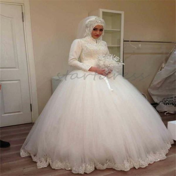 Prinzessin Langarm-Hochzeitskleid für muslimische Frauen, elegantes Ballkleid, Tüll, Spitze, Kirche, Perlen, Brautkleid, modernes, ländliches Garten-Robe de Mariage, islamisches Brautkleid