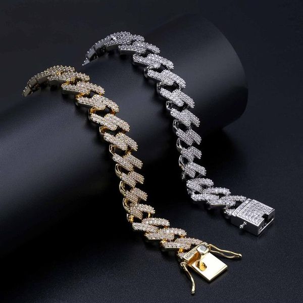 14mm 7 8nch Straight Edge Diamonds Cuban Link Chain Armband Gold Silber Iced Out Zirkonia Hiphop Herrenschmuck2465