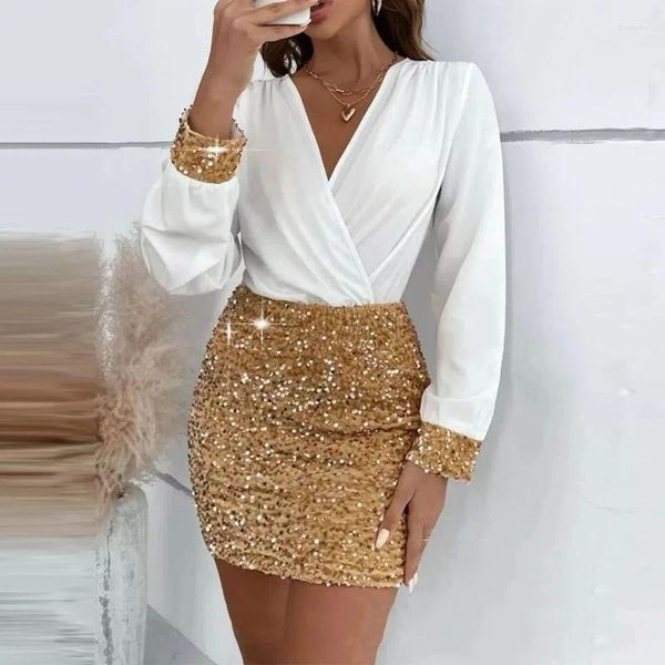 Casual Kleider Frauen Frühling Wrap V-ausschnitt Büro Dame Kleid Sexy Patchwork Gold Pailletten Röcke Hüften Herbst Langarm Slim Fit party