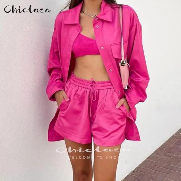 Set chiclaza 2022 Summer Women Fashion Shirts + Shorts cowneurst Sut Female Solid Down Collar Long Sleeve Blouse