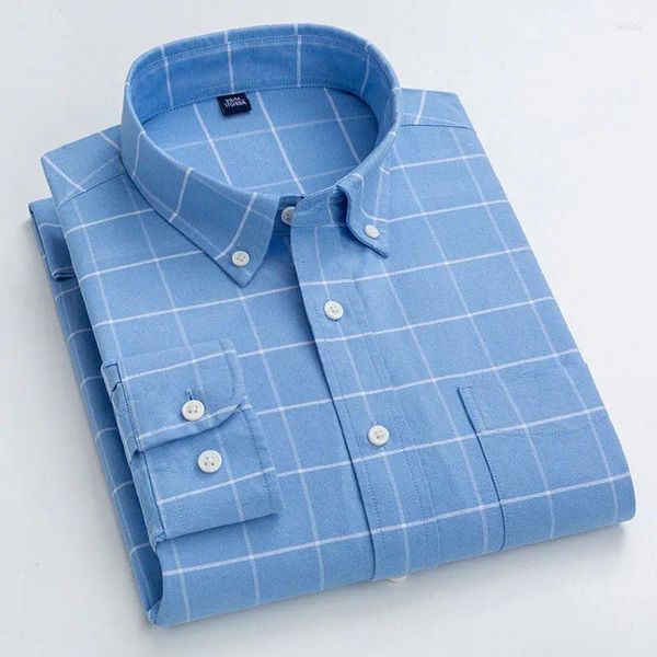 Camisas casuais masculinas de alta qualidade puro algodão oxford manga longa macio luxo botão-para baixo listrado xadrez lazer camisa de negócios