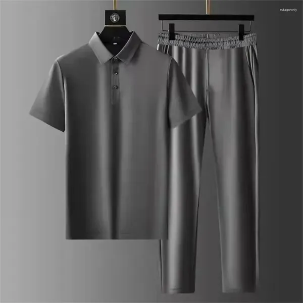 Fatos masculinos Japão Coreano Verão Conjunto Business Casual Moda Confortável Camisa Polo Fina e Calças Compridas 2 Peça Tendência Outfits Terno