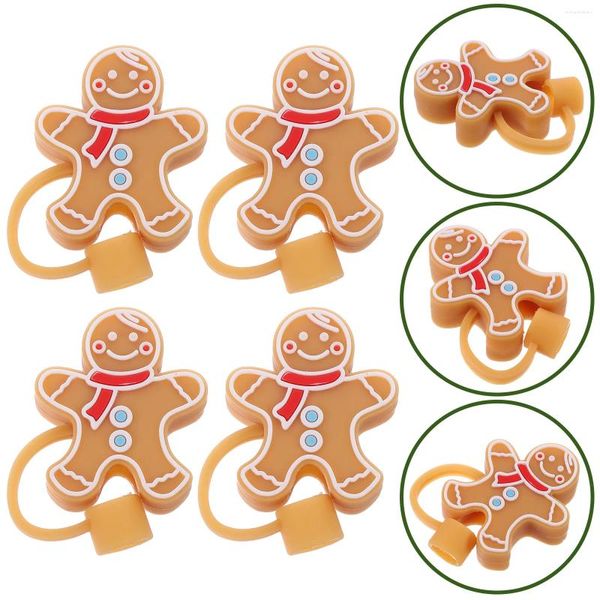 Einwegbecher, Strohhalme, 4 Stück, Weihnachts-Strohhalm-Staubkappe, wiederverwendbare Party-Abdeckung, Dekoration (Candy Man), 4 Stück Silikon-Abdeckkappen, Silikagel