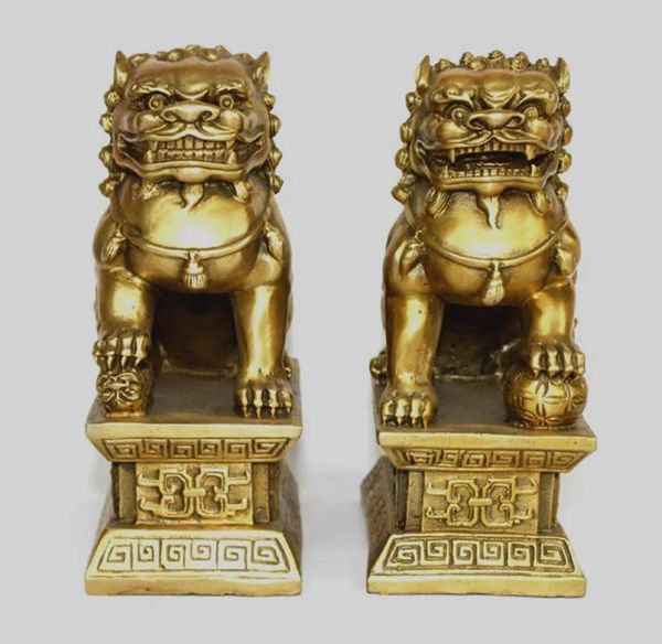 Crafts chineses Bronze Brass Guardian Foo Fu Dog Filactery Door Lion Par Estátua 6.5 
