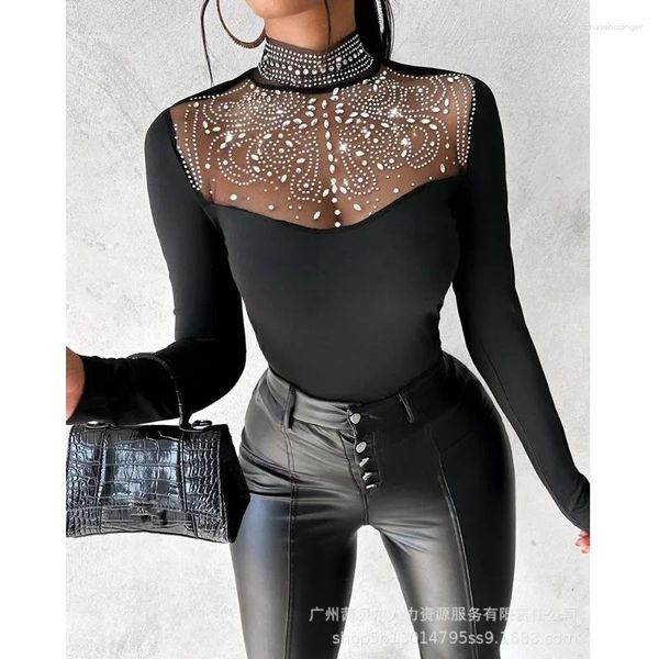 Dames T-shirts Lange mouwen Skinny Slim Fit Patchwork Sexy T-shirts Tops Wepbel Strass Mesh T-shirt Top Vrouwen Zien door de lente