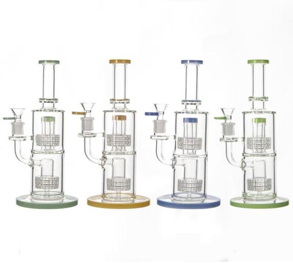 Doppelte Stereo-Matrix-Wasserpfeifen, 11 Zoll dicke Glasbongs, Vogelkäfig-Perc-Wasserpfeifen, farbige 14-mm-Verbindung, Öl-Dab-Rigs, Gelb, Grün, Blau5267470