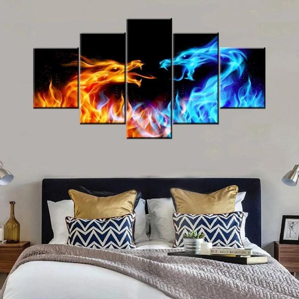 Dipinti Drago Animale astratto Blu e Rosso Fuoco 5 pezzi Immagine su tela Stampa Wall Art Canvas Painting Decorazione della parete per soggiorno