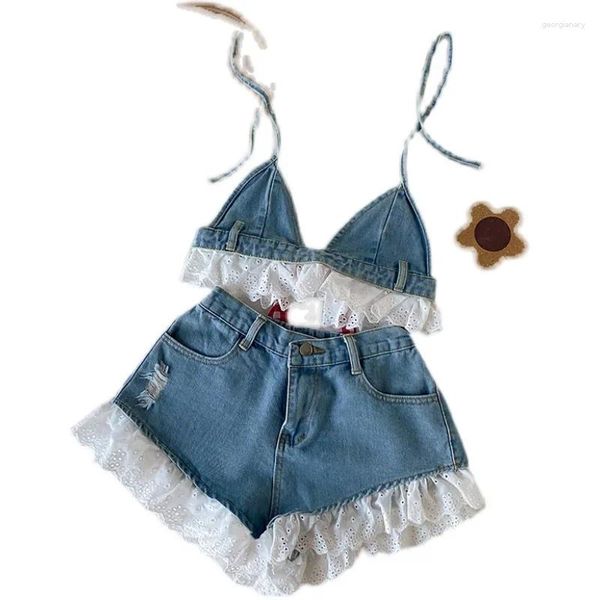 Mulheres Tracksuits Verão Doce Lolita Estilo Denim Shorts Define Meninas Sexy Lace Bandage Camisole Crop Tops Ruffles Jeans Calças Curtas Mulheres