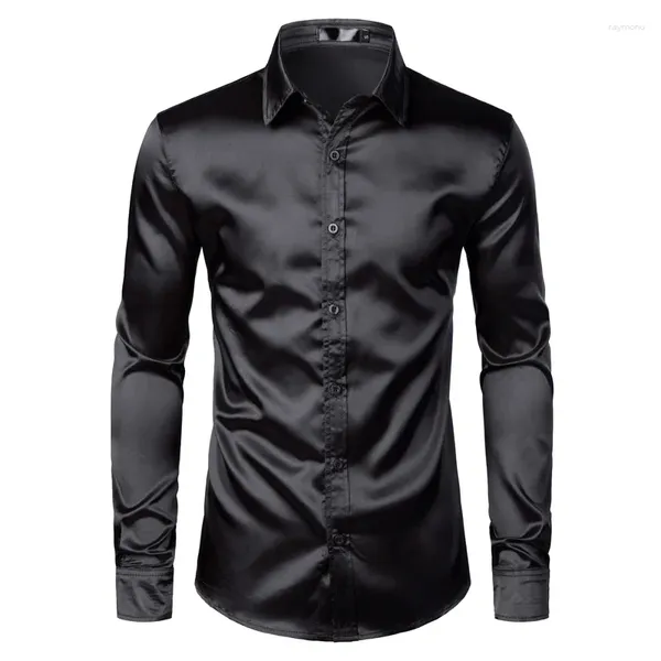 Camicie casual da uomo 2024 Primavera e autunno Uomo Nightclub in raso Vento Colore puro Viso luminoso Tendenza Camicia a maniche lunghe Marea maschile