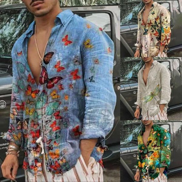 Camicie casual da uomo Camicia hawaiana stampata a farfalla barocca da uomo Camicetta da spiaggia a maniche lunghe abbottonata T-shirt oversize Abito da festa