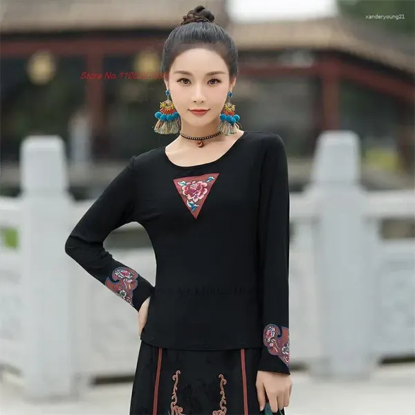 Этническая одежда 2023, традиционная китайская футболка, женская рубашка с круглым вырезом и национальной цветочной вышивкой, винтажные топы ханьфу, свободная основа в стиле ретро