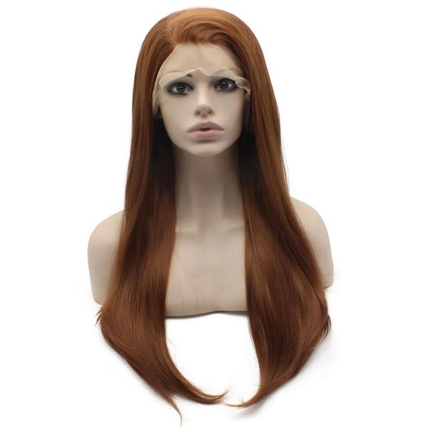 Perucas Long Auburn Peruca Sedosa Reta Resistente ao Calor Cabelo Sintético Peruca Frontal Natural