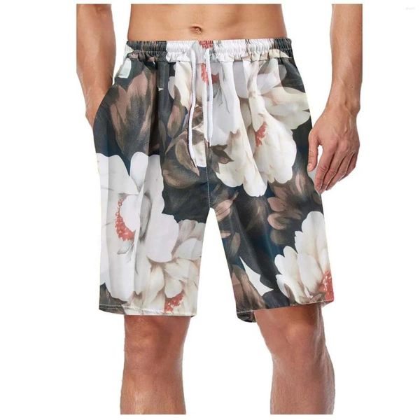 Shorts masculinos verão correndo homens secagem rápida esportes jogging treinamento de fitness masculino ginásio havaí impressão floral praia curto multi-bolsos