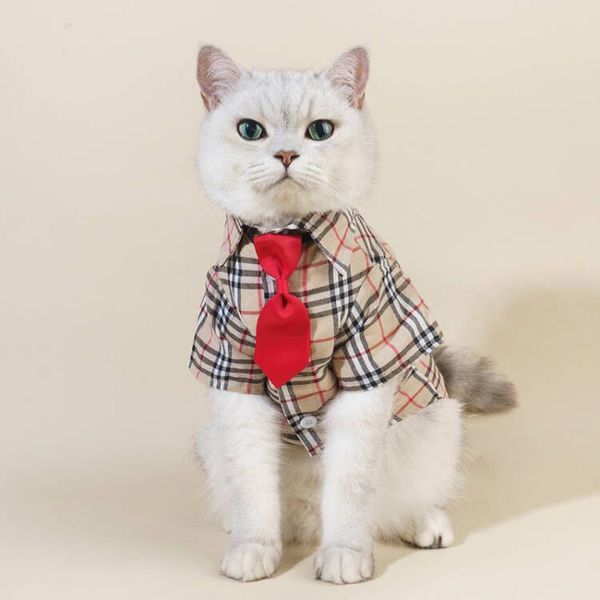 Abbigliamento per cani Abbigliamento per animali domestici Camicia T-shirt scozzese estiva con papillon e cravatta per cani gatti