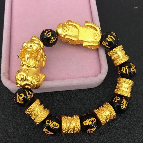 Braccialetti con ciondoli Bracciale in oro Imitazione Vietnam Shakin Mantra a sei caratteri Perline Sabbia Buona fortuna Cinese Doppio Pixiu Gioielli335w