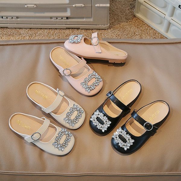 2024 Mary Jane Ballerina da bambina, principessa piatta, fiore con strass, abito da festa di nozze, scarpe per bambini in pelle nera rosa beige