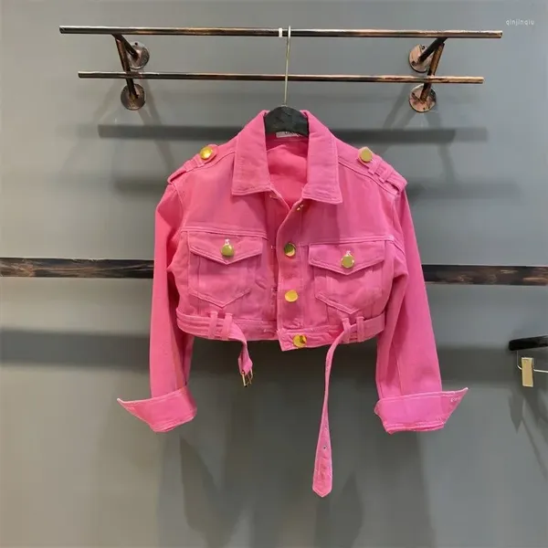 Giubbotti 2-15 Rosa Bambini Neonate Giacca di jeans Autunno Colore solido Risvolto Bottone in metallo Moda per bambini Ragazza adolescente Cappotto corto Abbigliamento