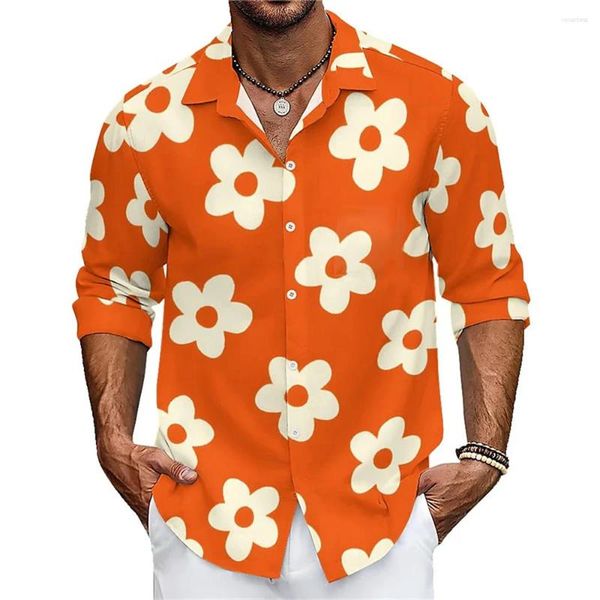 Camisas casuais masculinas floral margarida camisa usar primavera e verão fino manga longa lapela tecido elástico de quatro vias plus size 5xl