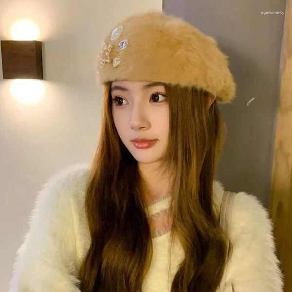 Berets inverno moda pérola strass cabelo para a frente chapéu mulheres mais cashmere quente rosto pequeno boina coreano pintor casual