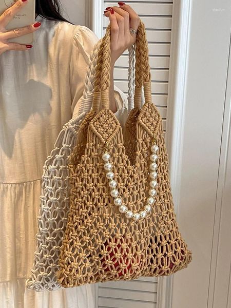 Akşam çantaları marka inci saman çanta kadınlar için içi boş kağıt dokuma büyük tote yaz plaj çantası bayanlar moda omuz müşterisi cüzdan 2023