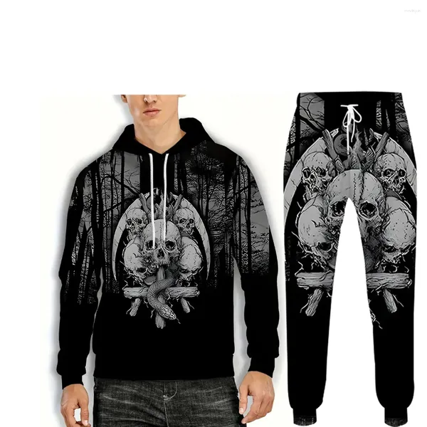 Fatos masculinos Death Skull Snake 3D Impresso Duas peças com capuz Sweatpants outono / inverno Casual Street Retro Fashion Moletom