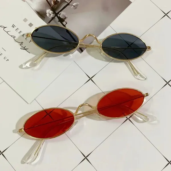 Óculos de sol de metal pequeno quadro forma oval marca feminina designer oceano filme óculos de sol feminino vintage uv400