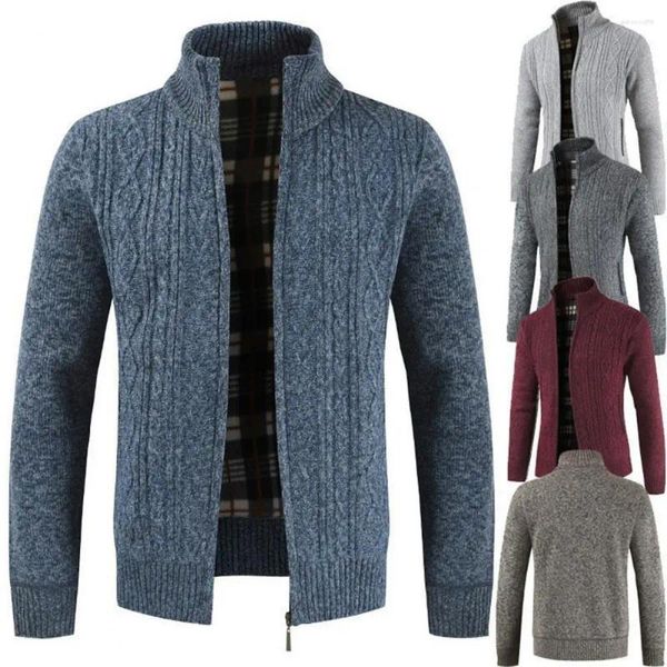 Camisolas masculinas homens camisola de malha jaqueta slim fit cardigan casacos casuais cor sólida malha espessada crochê gola casaco