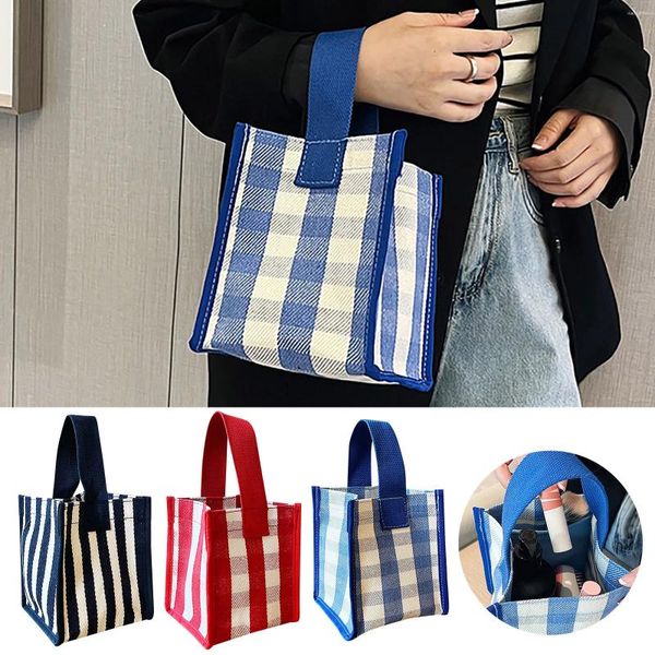 Geschirr Plaid Canvas Tasche Tragbare Kleine Quadratische Ausgehen Lagerung Mode Einfache Mittagessen Vintage Eimer