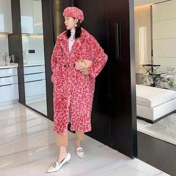 Pelz 2021New Winter Frauen Echt Rex Kaninchen Pelz Mäntel Off Saison Mode Lange Leopard Mantel Einfache Warme Damen Oberbekleidung Straße