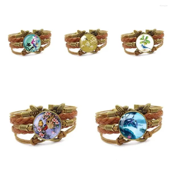 Armreif, modisch, Glas-Cabochon, mehrschichtig, braunes Lederarmband, handgefertigt, Maxi-Antik-Bronze, Blumen-Vogel, selten für Männer und Frauen