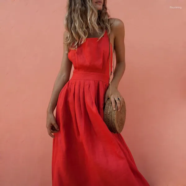 Lässige Kleider Sexy rückenfreies, überkreuztes, plissiertes Midikleid für Damen, Sommer, schulterfrei, ärmellos, Schleife, Sommerkleid, Strand, Boho