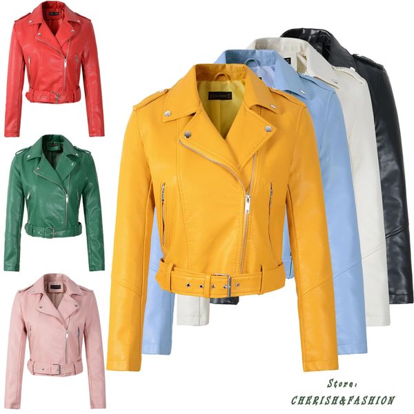 Куртки Горячие новые модные женские мотоциклетные куртки из искусственной кожи Женские осенние короткие эполеты на молнии Пальто Горячие черные, белые, розовые, желтые верхняя одежда