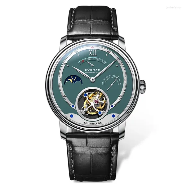 Relógios de pulso Borman Homens Relógio Automático Luxo Tourbillon Mecânico Relógio de Pulso Safira Pulseira de Couro ST8007 Data Day-Night Energy