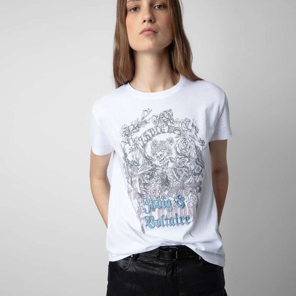 Zadig Voltaire Borduurkatoenen T-stukken Zv Klassieke Schedelbloemenprint Engelse T-shirts Dames T-shirts met korte mouwen Tops