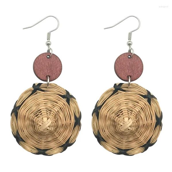 Orecchini pendenti Orecchino in legno di rattan intrecciato naturale naturale per le donne Commercio all'ingrosso di gioielli fatti a mano in paglia a forma di cappello in legno di bambù Boho